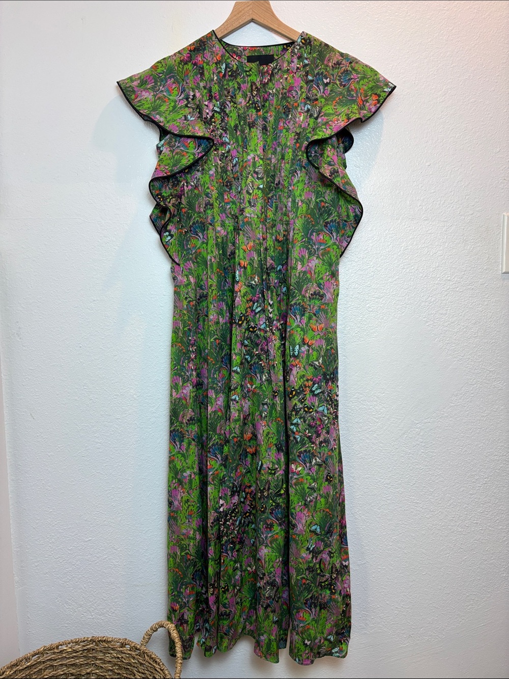 Cynthia Rowley Green Floral Ruffle-Shoulder Maxi Dress